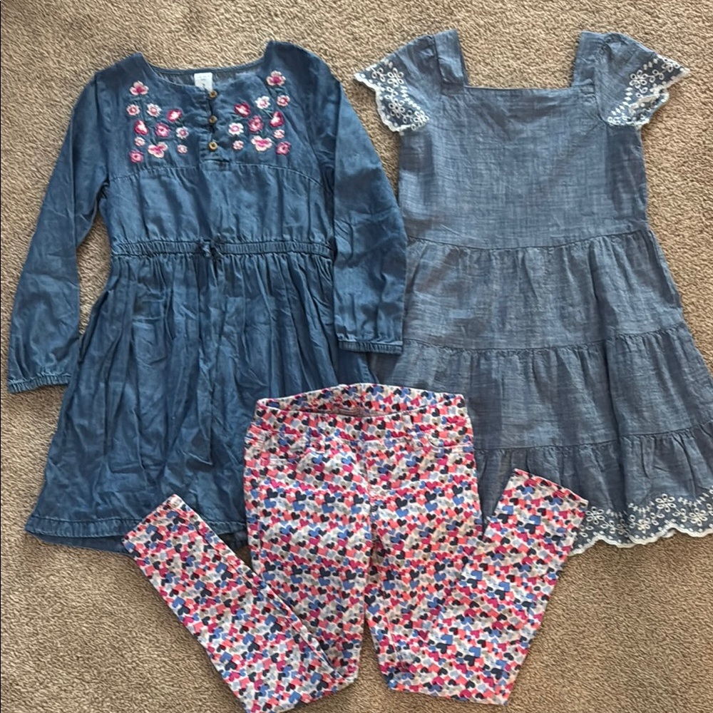 Girl’s size 7 chambray/denim dresses and heart jean leggings - Gap Kids, etc.